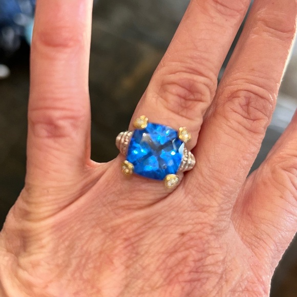Judith Ripka, 925 silver and 18 karat yellow gold cushion cut blue stone size 6 - Picture 3 of 13